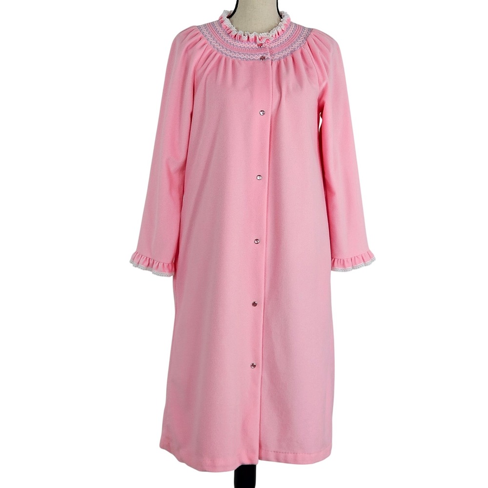 Vintage Leisure Life Robe Womens‎ Small Pink Excellent Smocked Snap Front USA